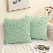 Throw pillow covers in mint green with rhombus jacquard plush texture, 2-pack for sofa