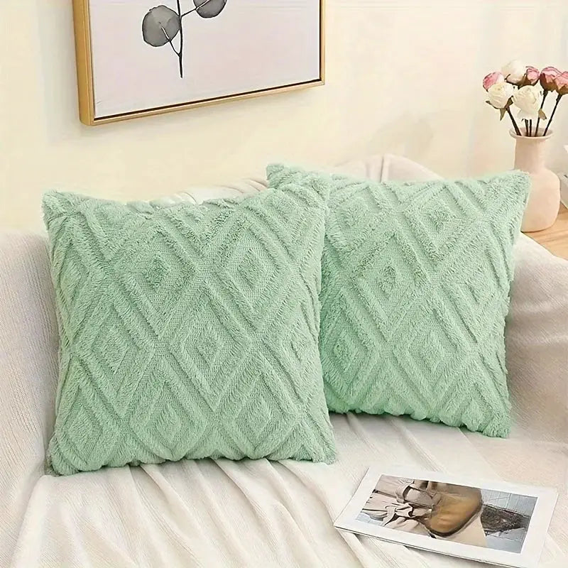Throw pillow covers in mint green with rhombus jacquard plush texture, 2-pack for sofa