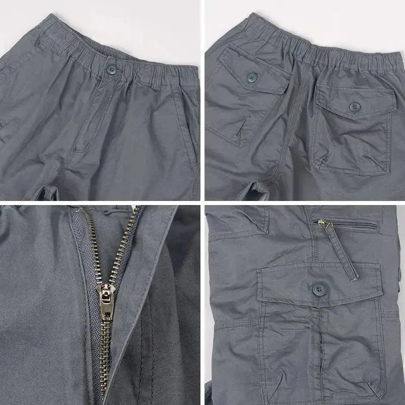 Men's cargo shorts by Simples Market, gray elastic-waist casual shorts with multiple pockets.