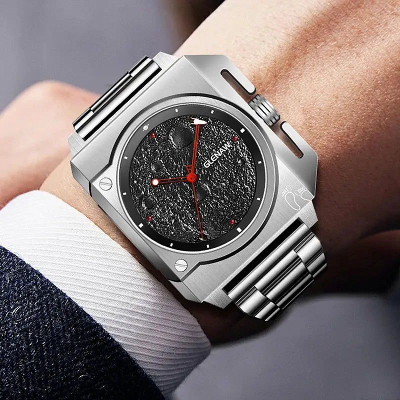 GLENAW men's stainless steel mechanical watch with moon dial and luminous red hands