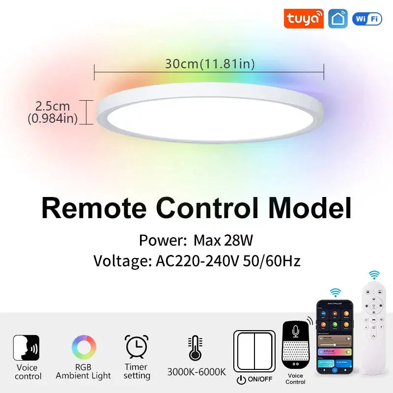 Simples Market TUYA smart ceiling light, white circular RGB dimmable lamp, 30 cm diameter, 28W max, remote/app control.