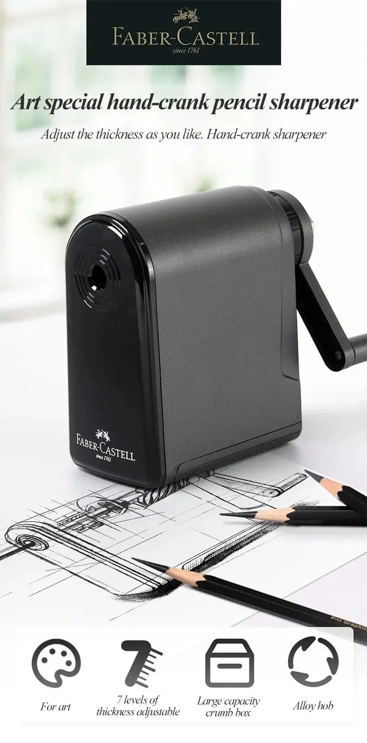 Faber-Castell hand-crank pencil sharpener, large-capacity black metal body for sketch art.
