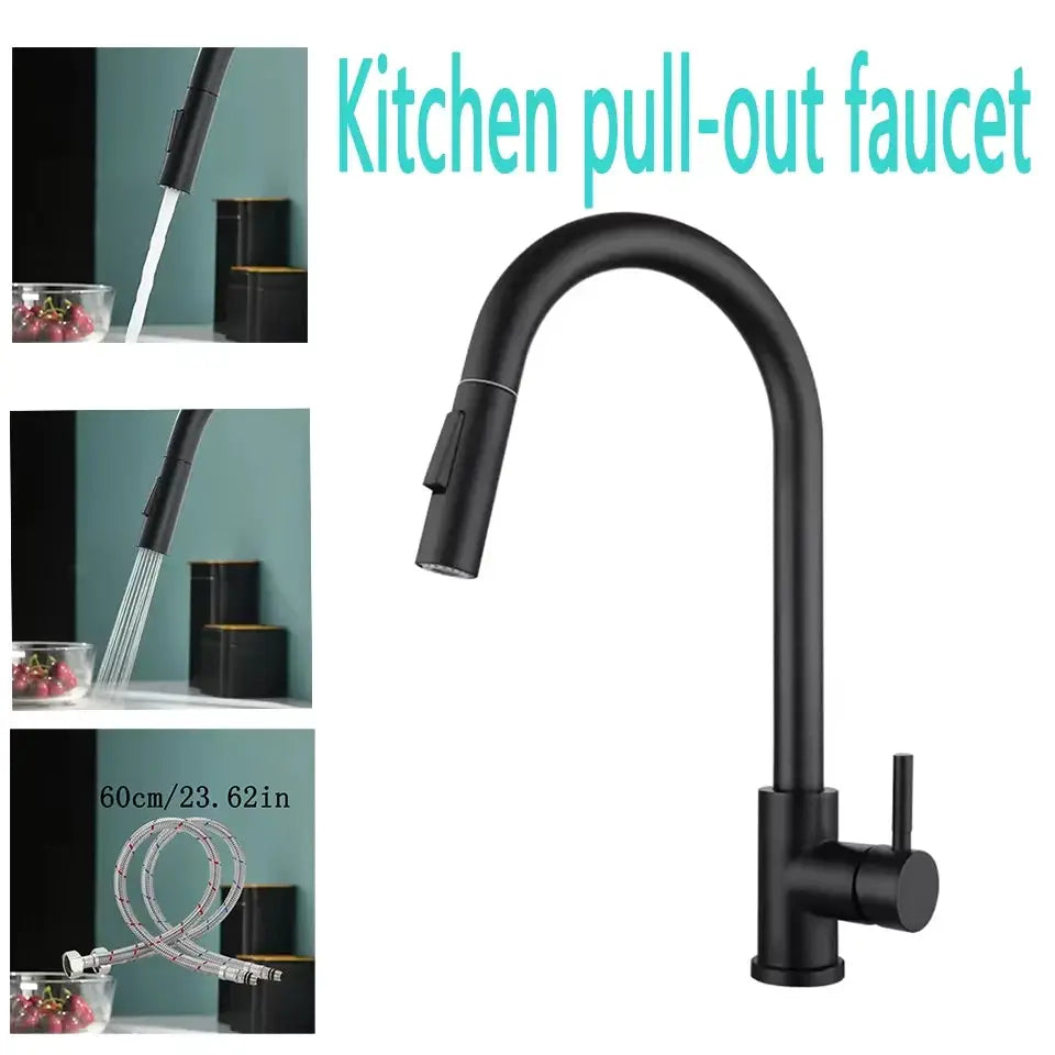 Kitchen pull-out faucet with black finish, gooseneck spout and 60cm hose.
