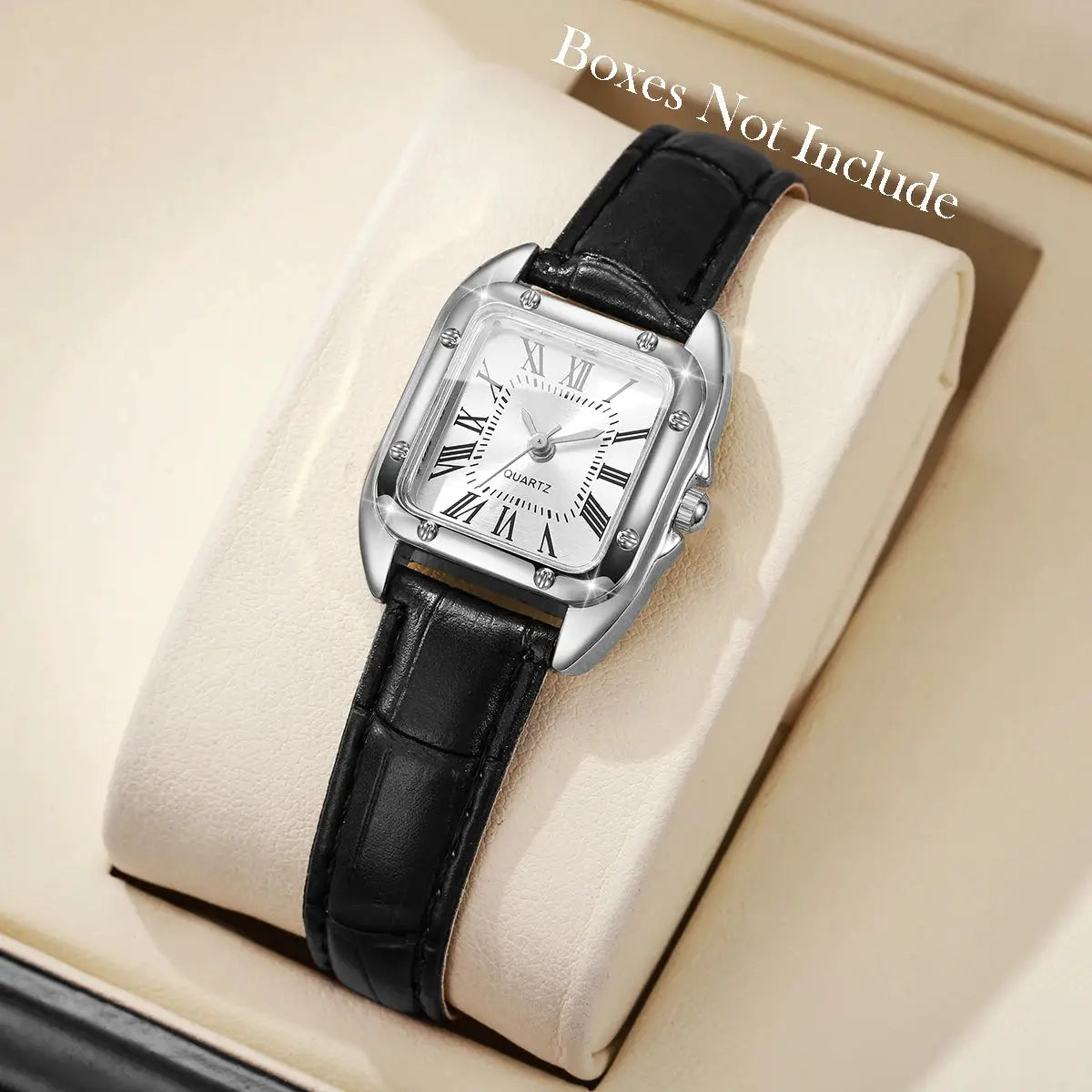 Fashion square women's leather strap quartz wristwatch with Roman numeral dial, black band, silver case