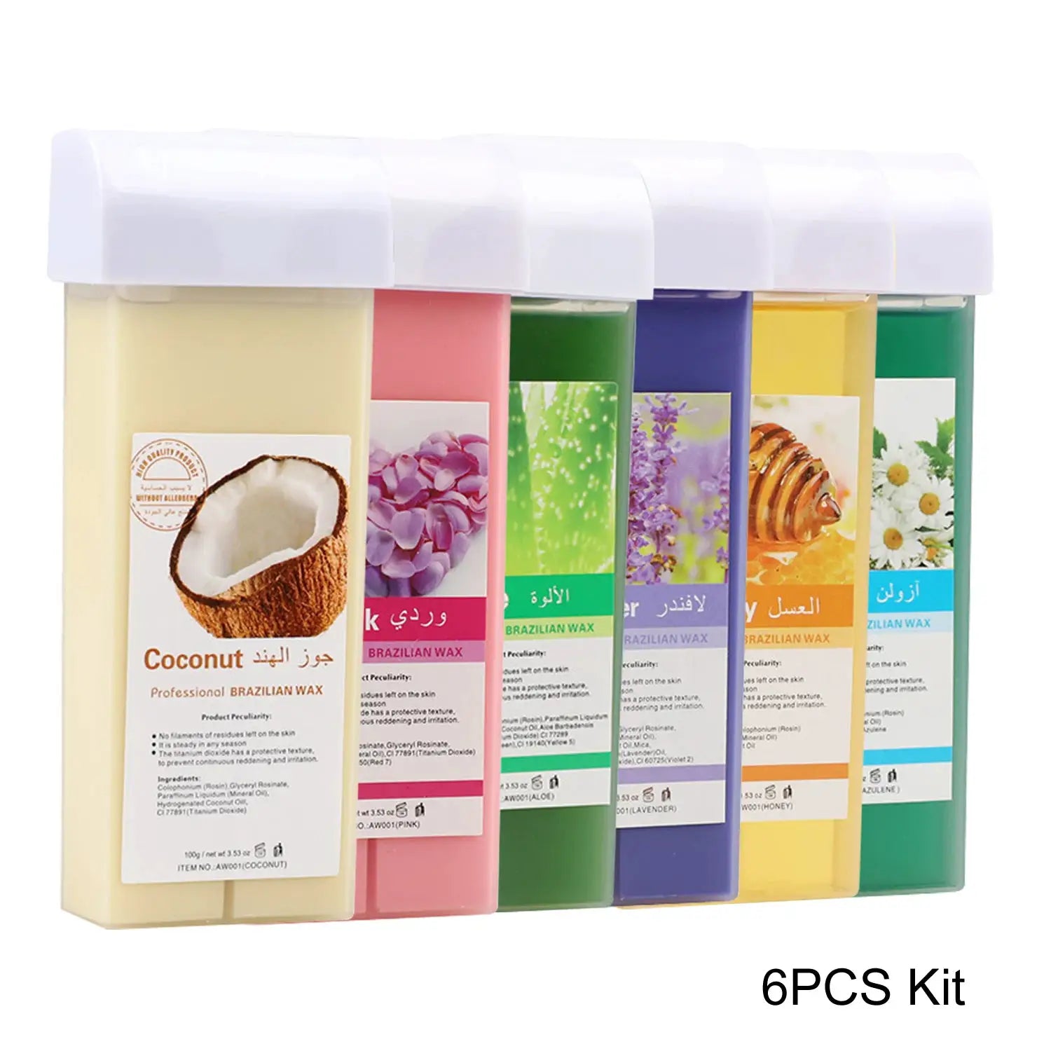Roll-on wax refill kit, 6 pcs, assorted colors for hair removal; coconut, lavender, honey and floral scents