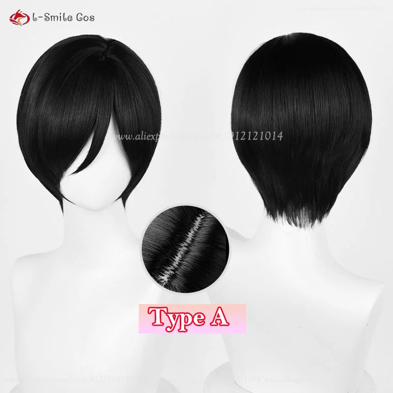 Anime Ada Wong cosplay wig, short 32cm black heat-resistant synthetic hair with wig cap