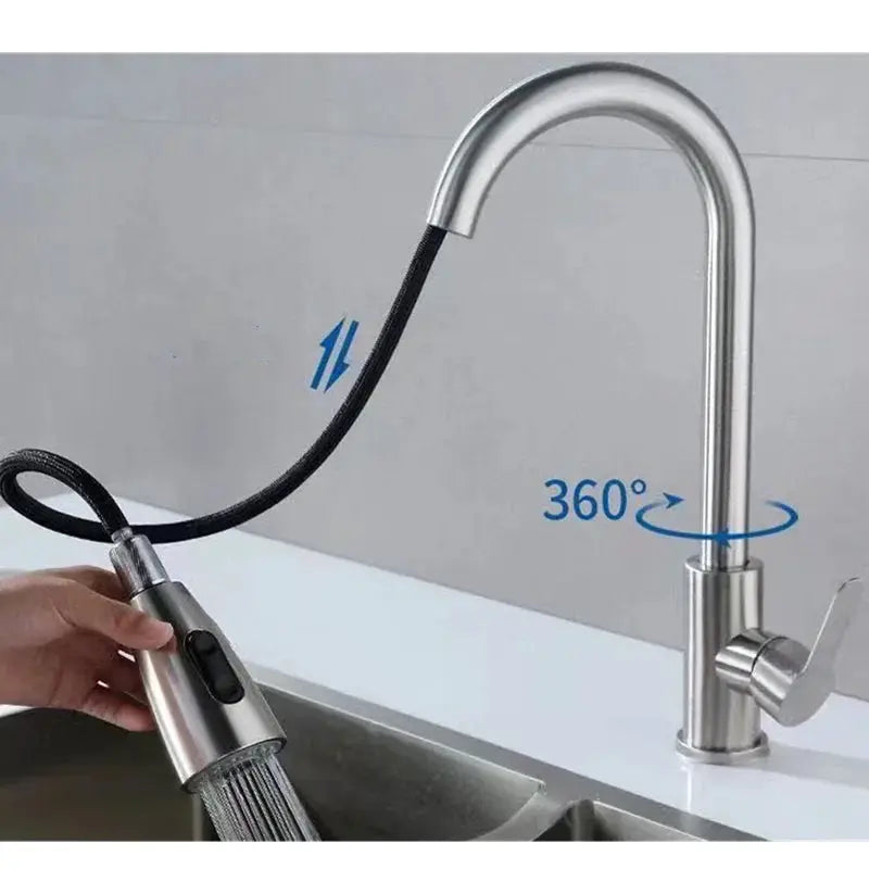 Simples Market stainless steel kitchen faucet with single-hole pull-out spray, 360° swivel, high-arc design.