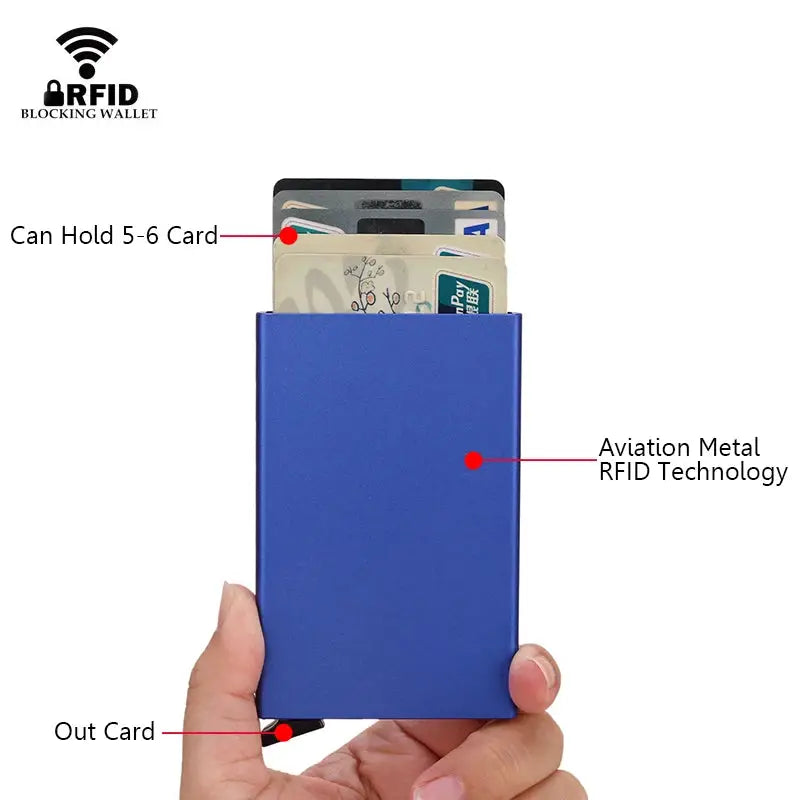 Blue aluminium RFID-blocking card wallet; ultra-slim mini design holds 5–6 cards.