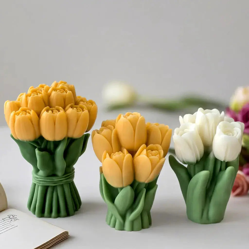 Tulip bouquet silicone mold set, 3-piece yellow and white flowers with green stems