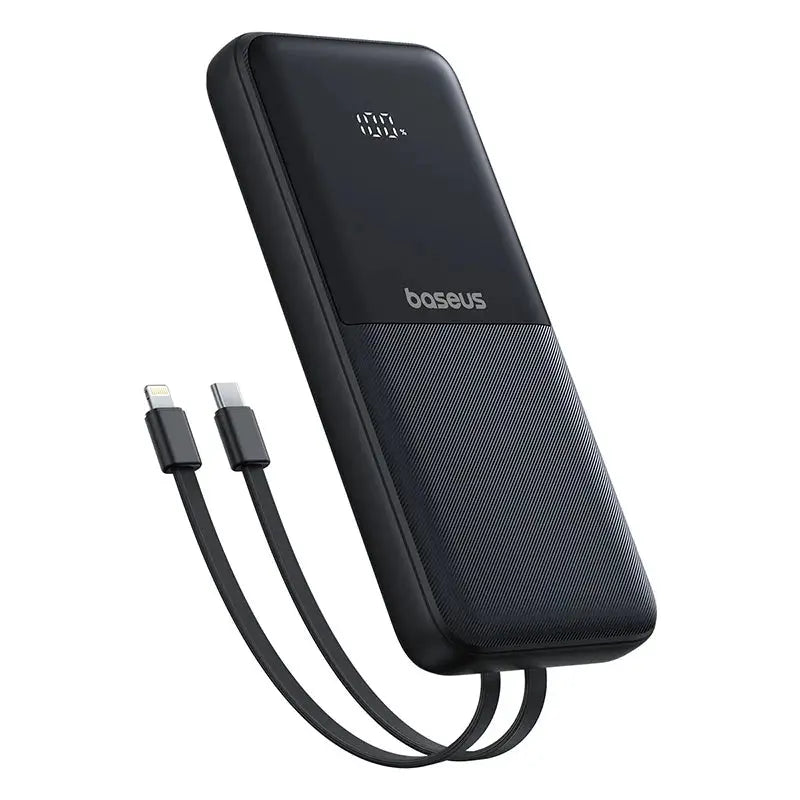 Baseus 20000mAh power bank with PD 22.5W fast charging, black, built-in USB-C and Lightning cables