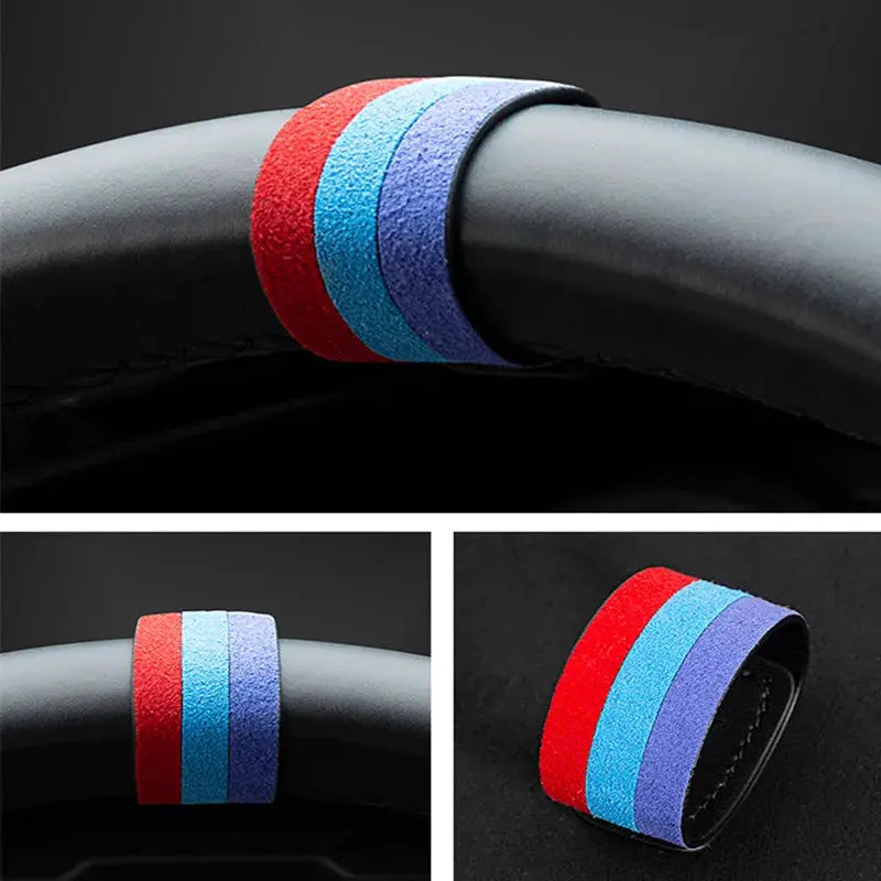 Simples Market Italy suede steering wheel wrap in red, turquoise, and royal blue for universal car interiors