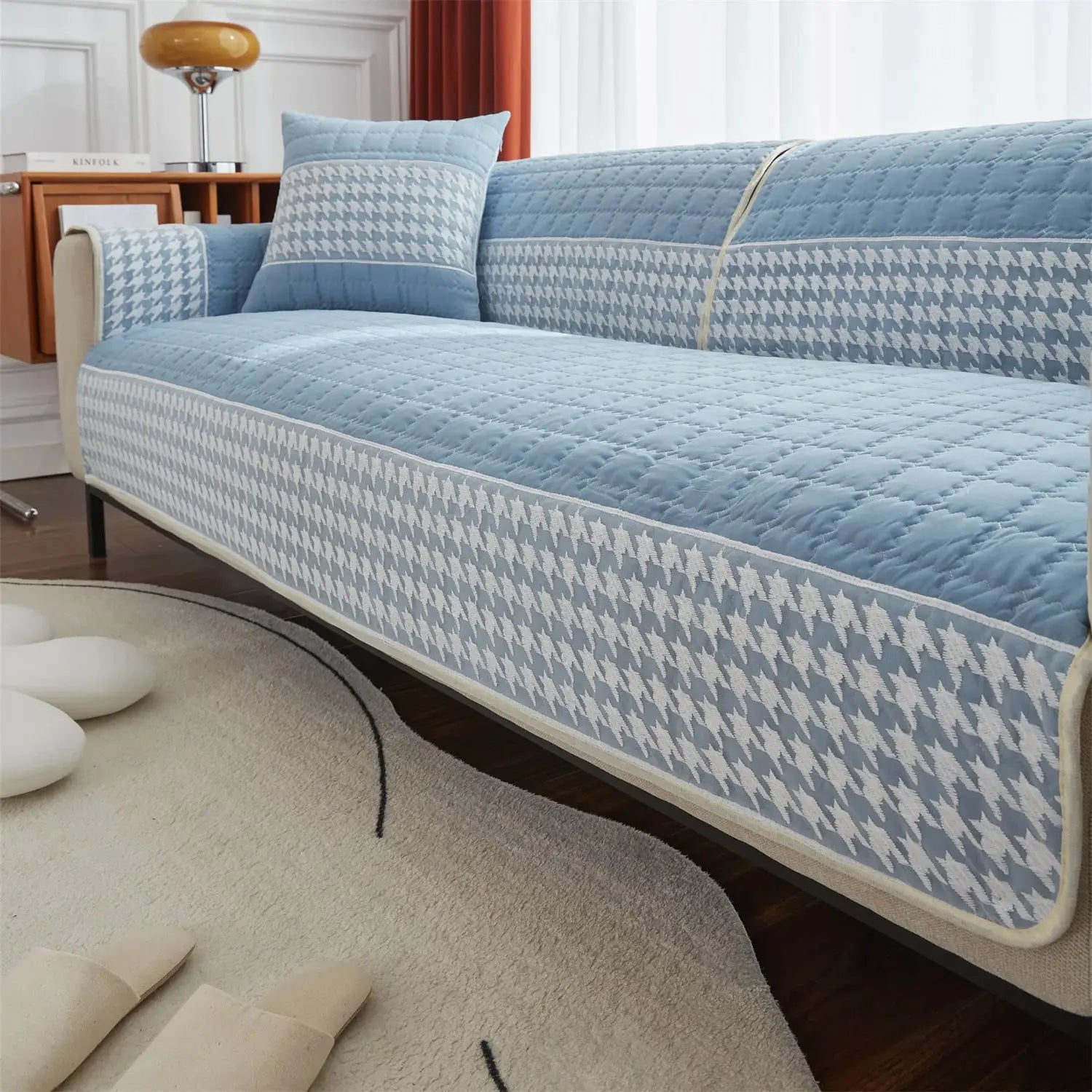 Houndstooth quilted blue sofa cushion cover set with anti-slip backing and matching pillow