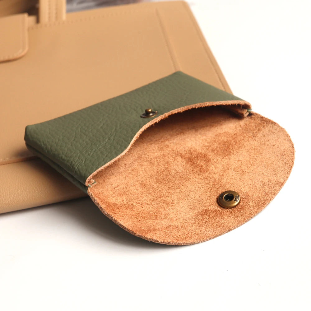 Personalize Genuine Leather Card Holder with green exterior and tan suede interior, snap closure