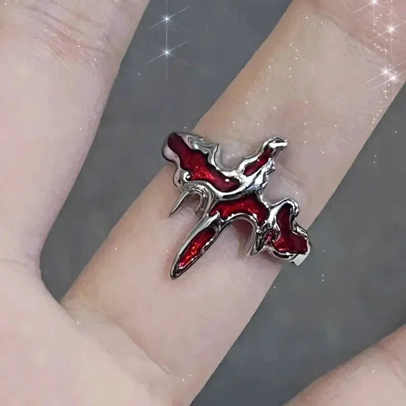 Goth Punk open ring with red crystal inlay on a silver-tone band