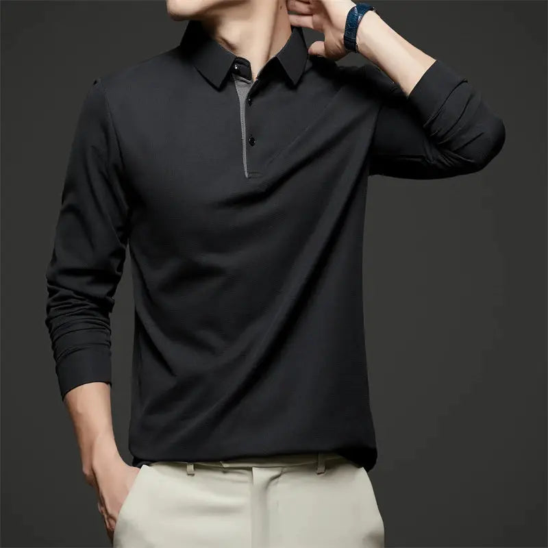 Men's black long-sleeve polo shirt by Simples Market; business casual solid color top.