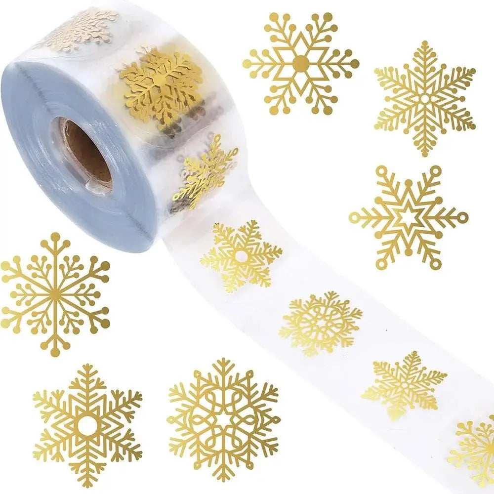 500 Pieces Golden Snowflake Christmas Stickers Roll Transparent Self Adhesive For Gift Wrapping Scrapbooking