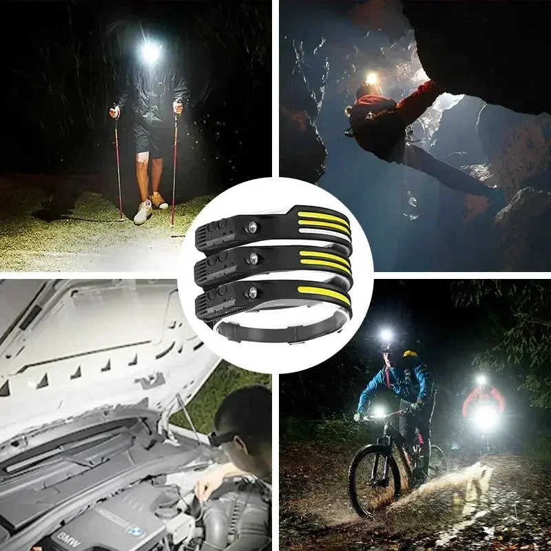 TrailTech Rechargeable LED Headlamp With Built In Battery 6 Modes Motion Sensor COB Sensor Waterproof