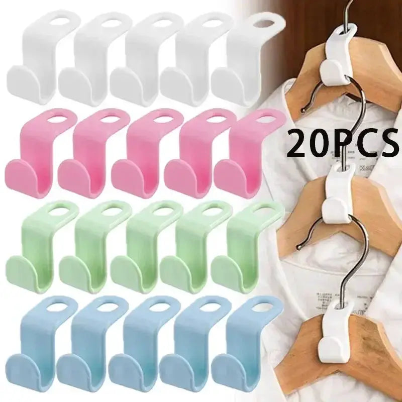 Simples Market mini wardrobe hanger connectors, 20-pack in white, pink, green, blue; plastic cascading coat organizers.