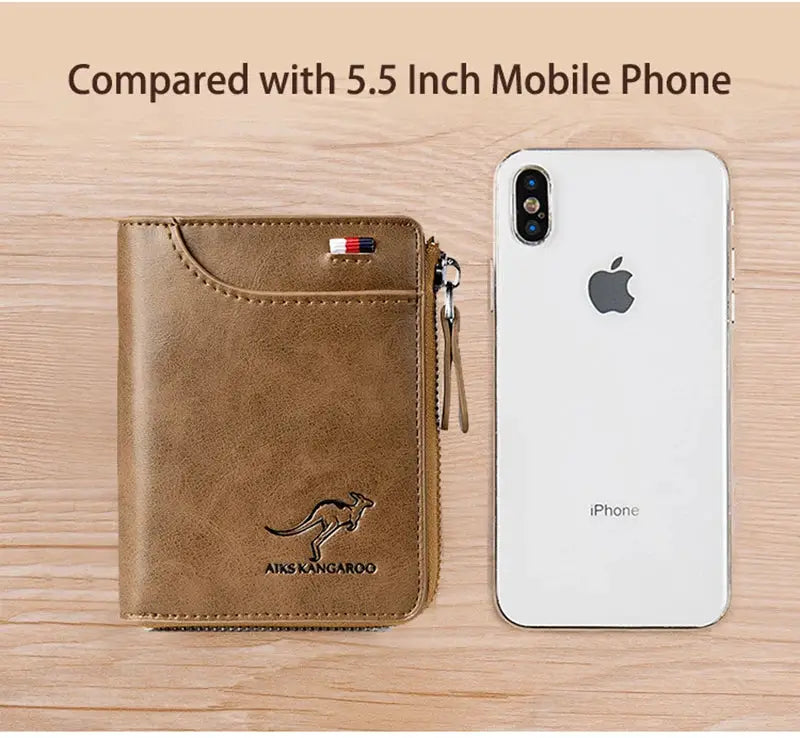 Men's brown leather zip-around wallet with kangaroo logo, compact cardholder