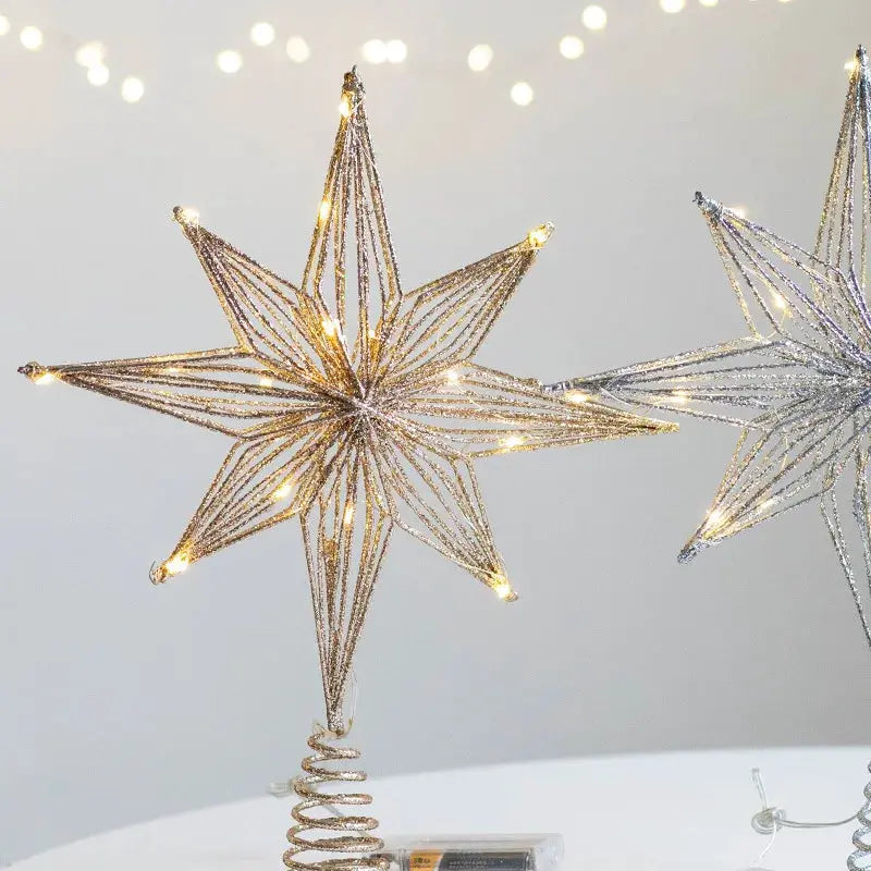 Gold Christmas Tree Topper Star With LED String Lights Ornament For Home Decor Party Festive New Year