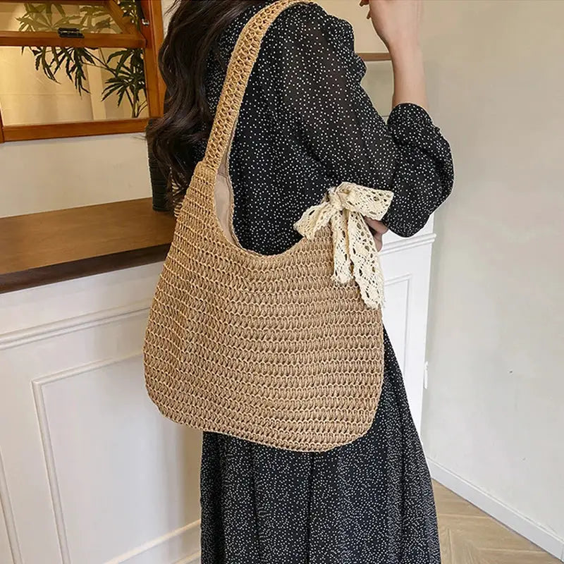 Rattan shoulder bag by Simples Market; beige woven tote with crochet lace bow, large capacity