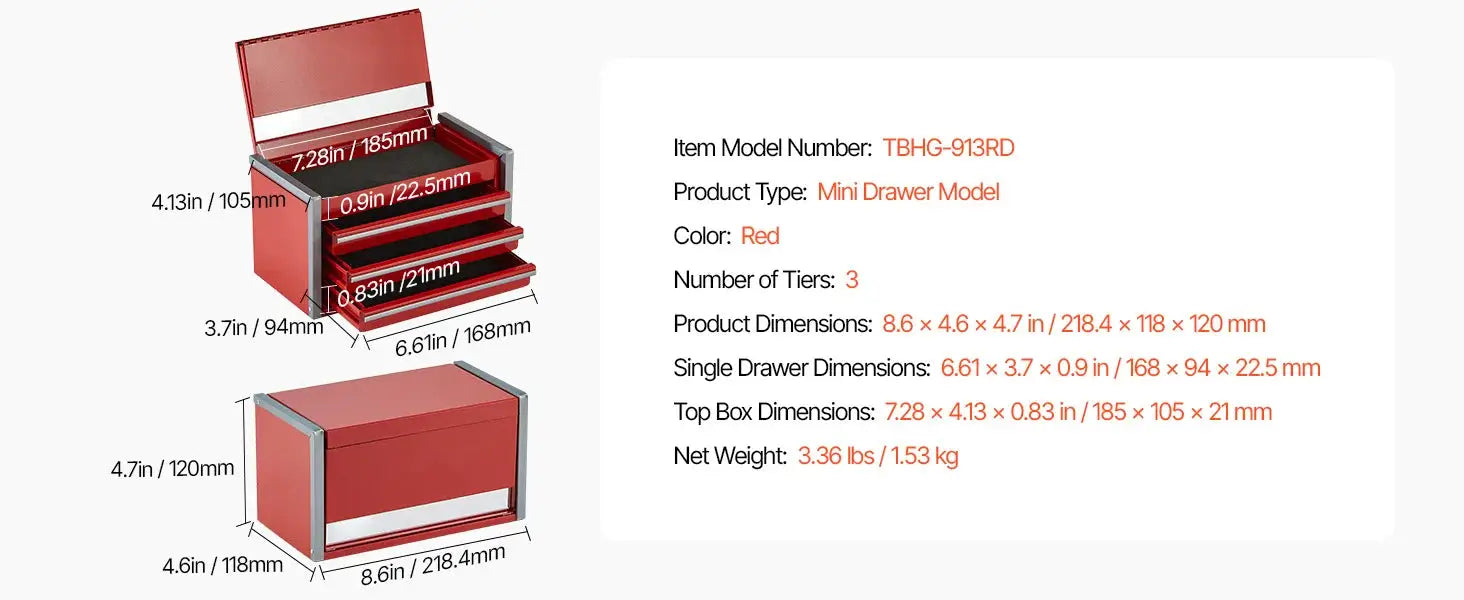 3-drawer metal tool box red powder-coated by Simples Market with feet pads and ball-bearing slides