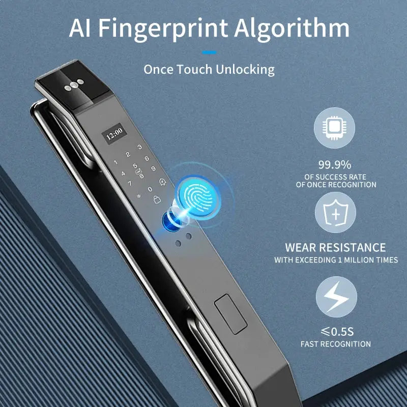 XSDTS smart door lock by Simples Market with fingerprint reader and keypad, metal finish