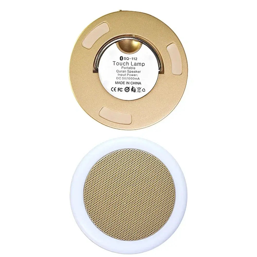 Simples Market portable 2-piece set sound machine with night light and Bluetooth speaker; gold base, white grille.