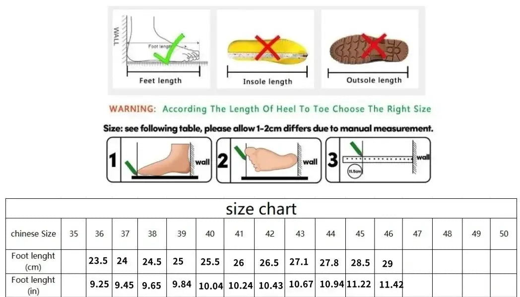 Simples Market men's trail running shoe size chart with foot-length, insole-length and outsole diagrams