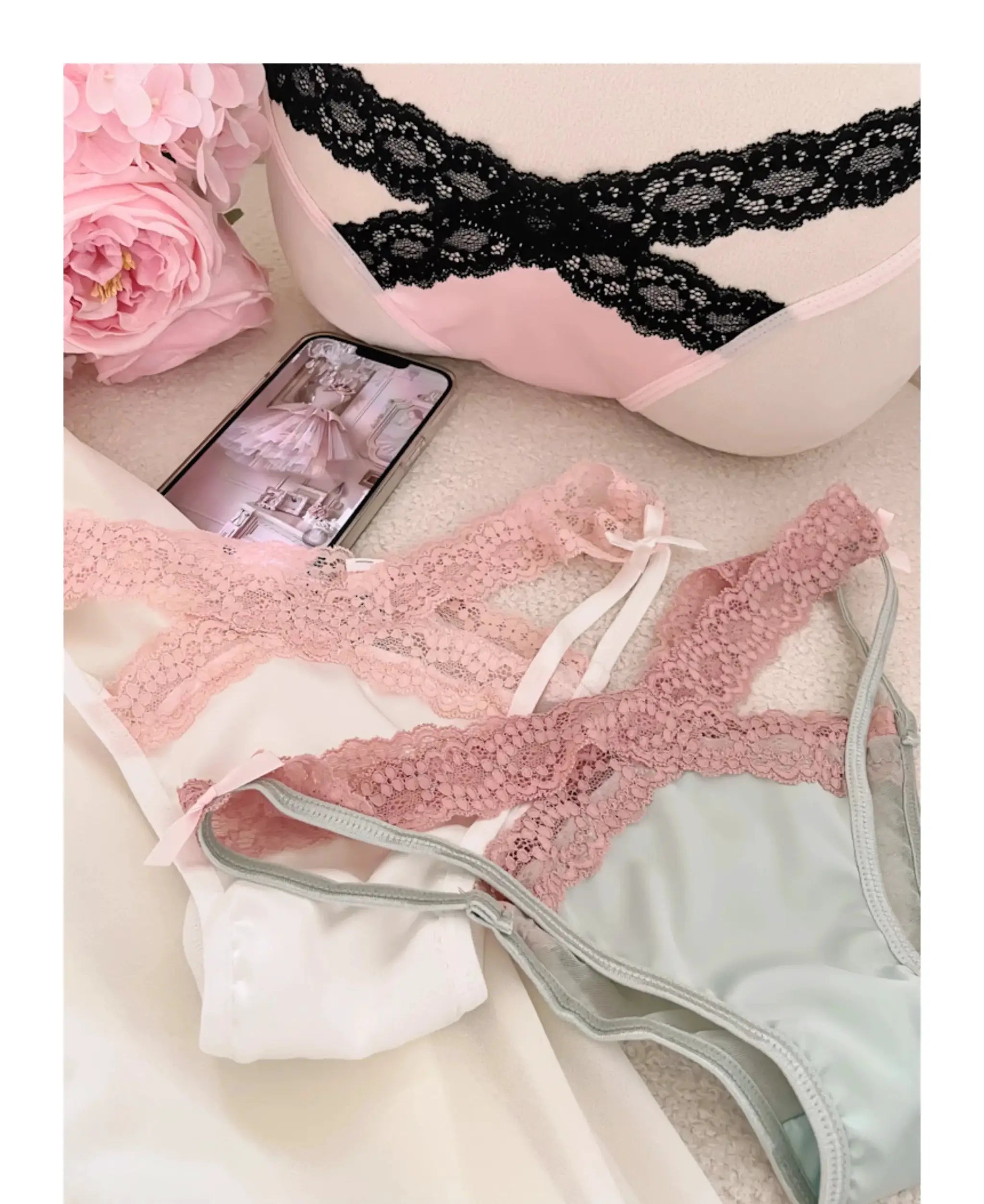 Pink cross-belt lace panties with black floral lace overlay, low-rise, breathable cotton crotch