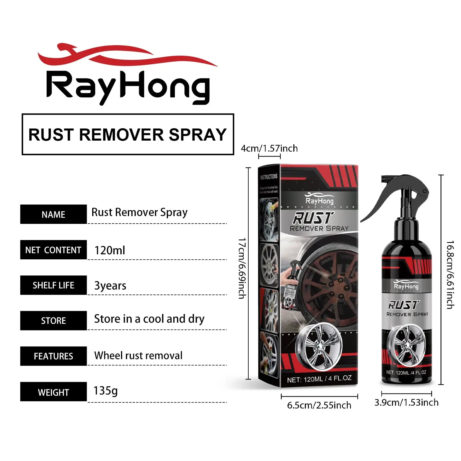 RayHong Rust Remover Spray bottle with its box, black bottle with red accents, 120ml