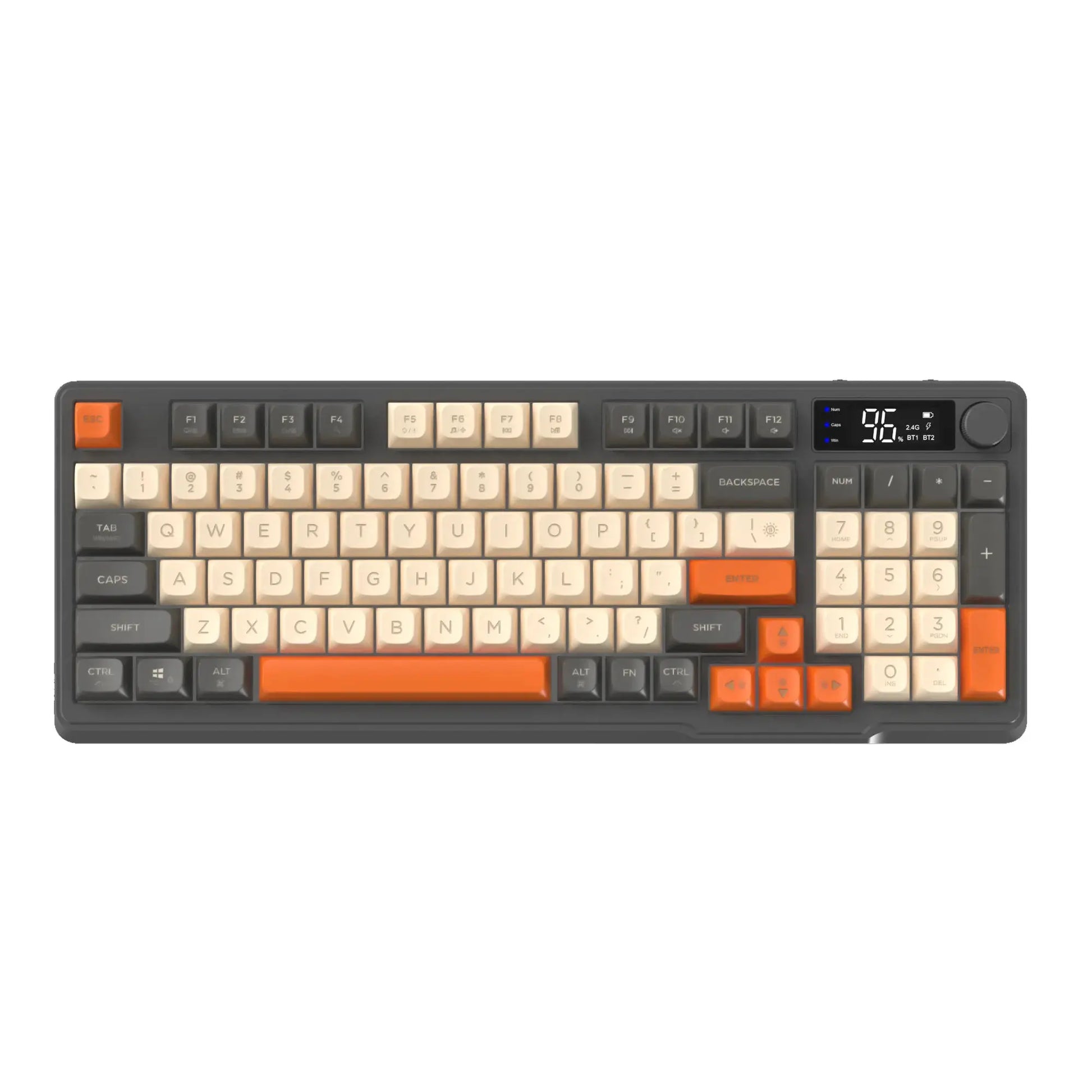 ZIYOU LANG wireless gaming keyboard with display and knob; dark body, beige and orange keys, Bluetooth/2.4GHz