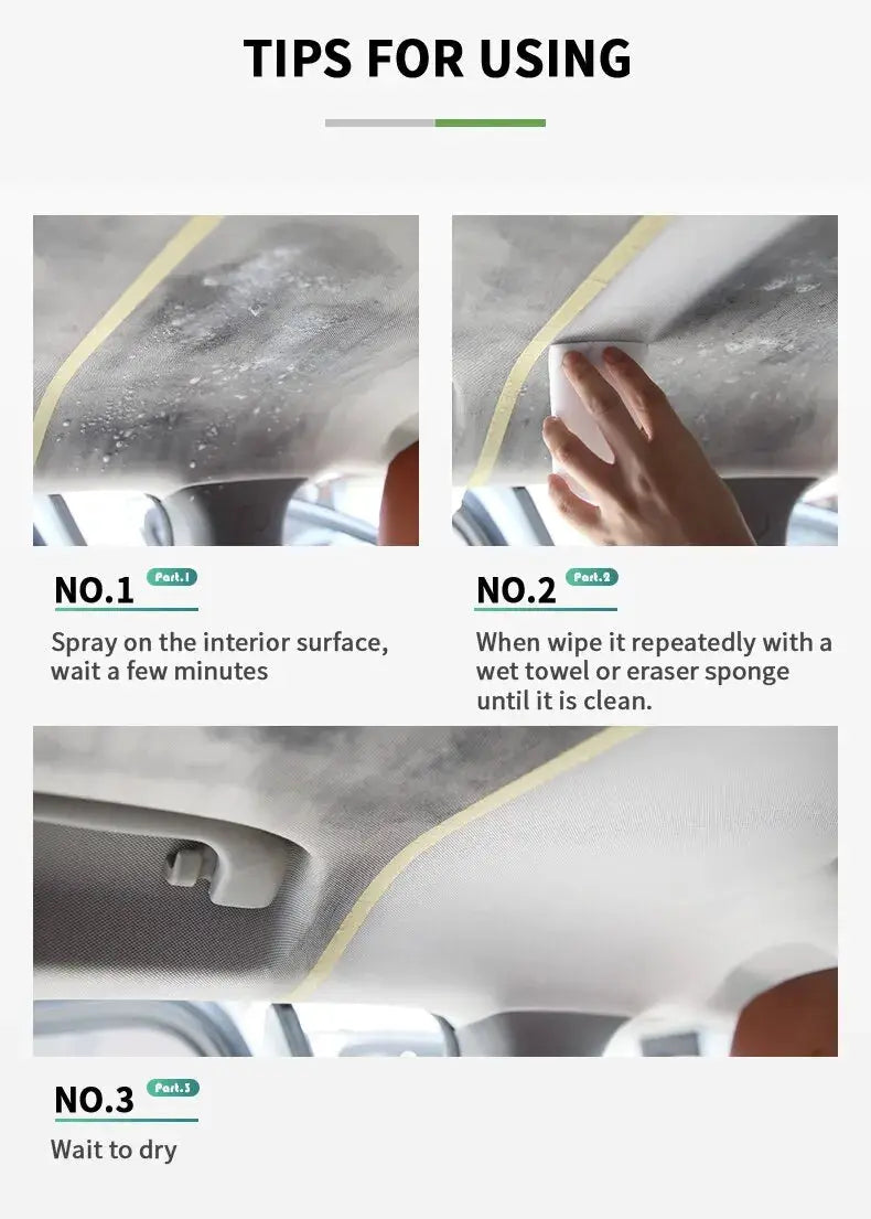 Interior car cleaner foam spray with three-step usage guide; neutral pH, water-free formula for roof, dash and seats.