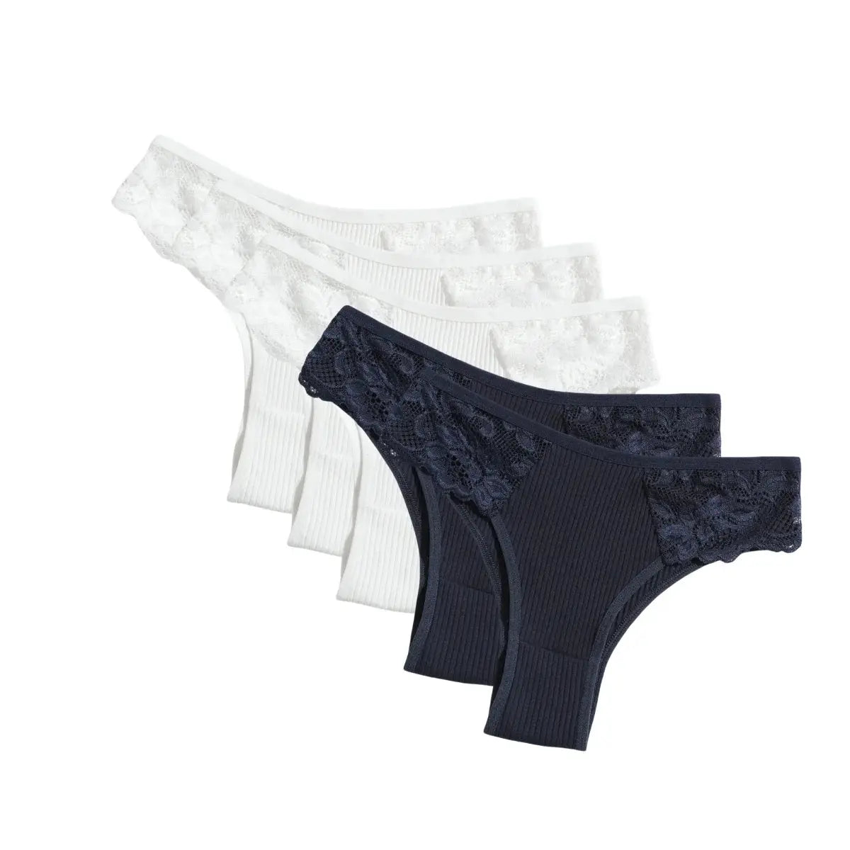 5-pack Simples Market women’s cotton panties with floral lace side panels, white and navy, low-rise ribbed briefs