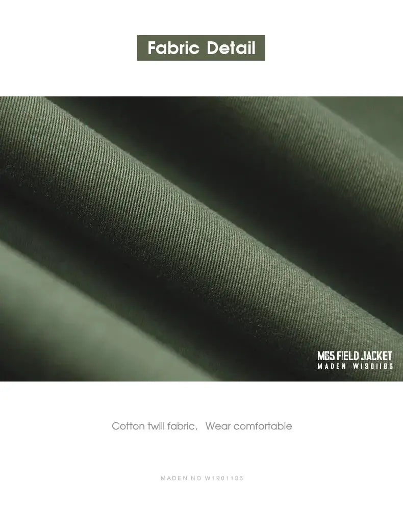 Maden Military M65 field jacket fabric close-up in olive green cotton twill texture