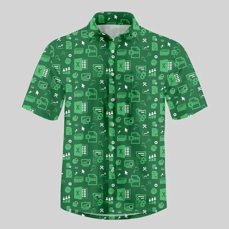 Hawaiian shirt, green with Excel spreadsheet icons pattern, loose button-front, Simples Market