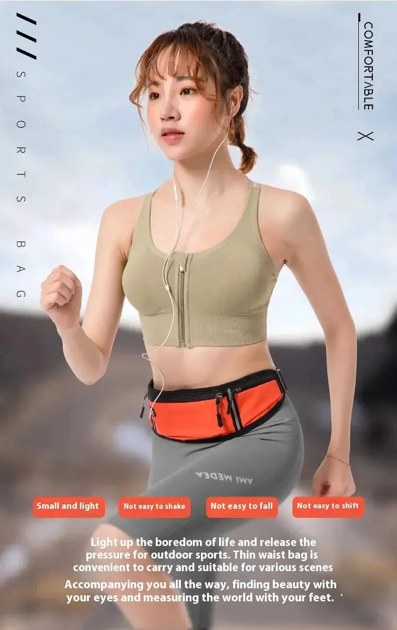 Simples Market waist pack; orange waterproof sport bag with black zippers worn at the waist by a woman