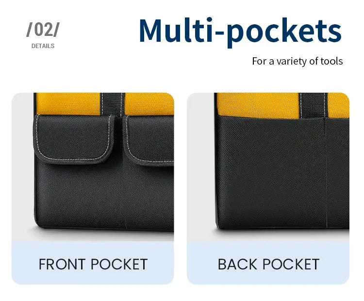 17-inch black electrician tool bag with yellow trim; close-up of front and back exterior pockets.