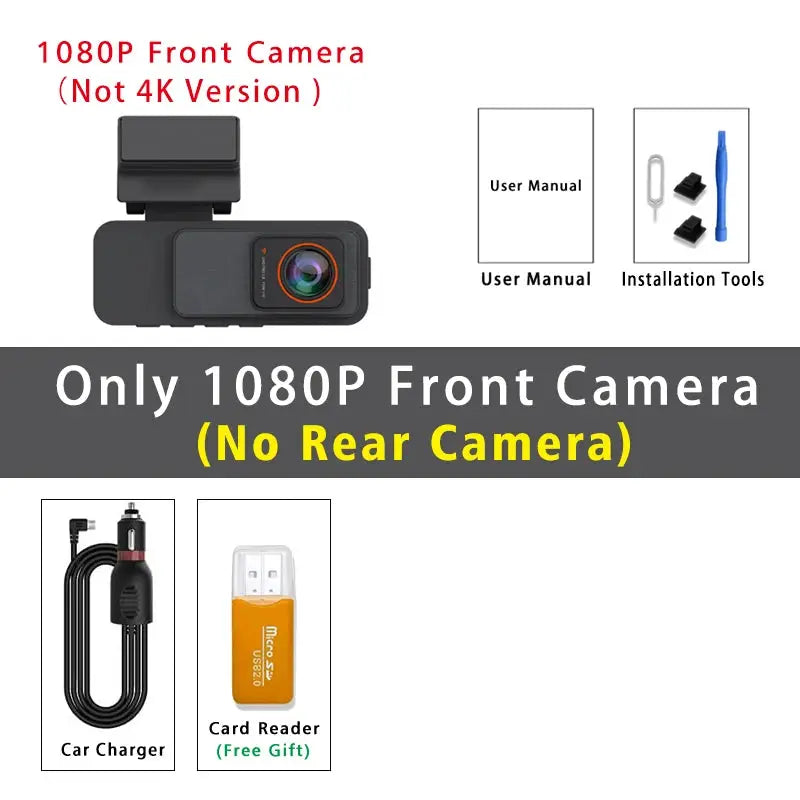 Dash cam front camera 1080P black with mount; includes car charger, USB card reader, manual, and tools (no rear camera).