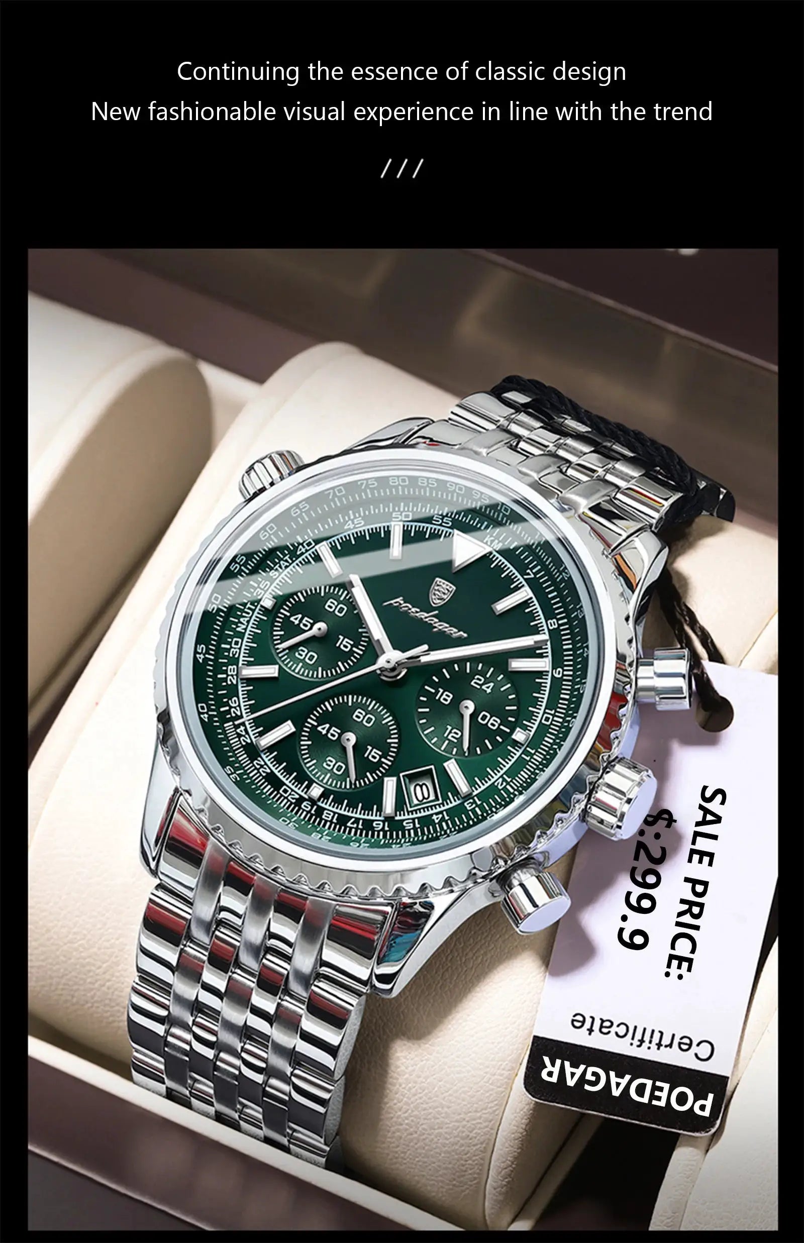 POEDAGAR luxury men's chronograph watch with stainless steel bracelet, green dial, date, luminous, waterproof