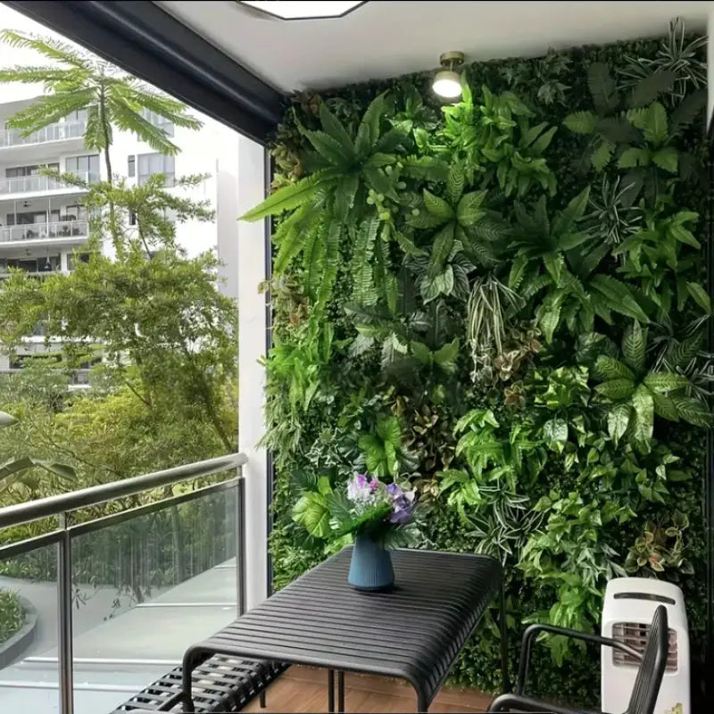 Simples Market artificial grass wall panel boxwood hedge vertical garden on balcony with table