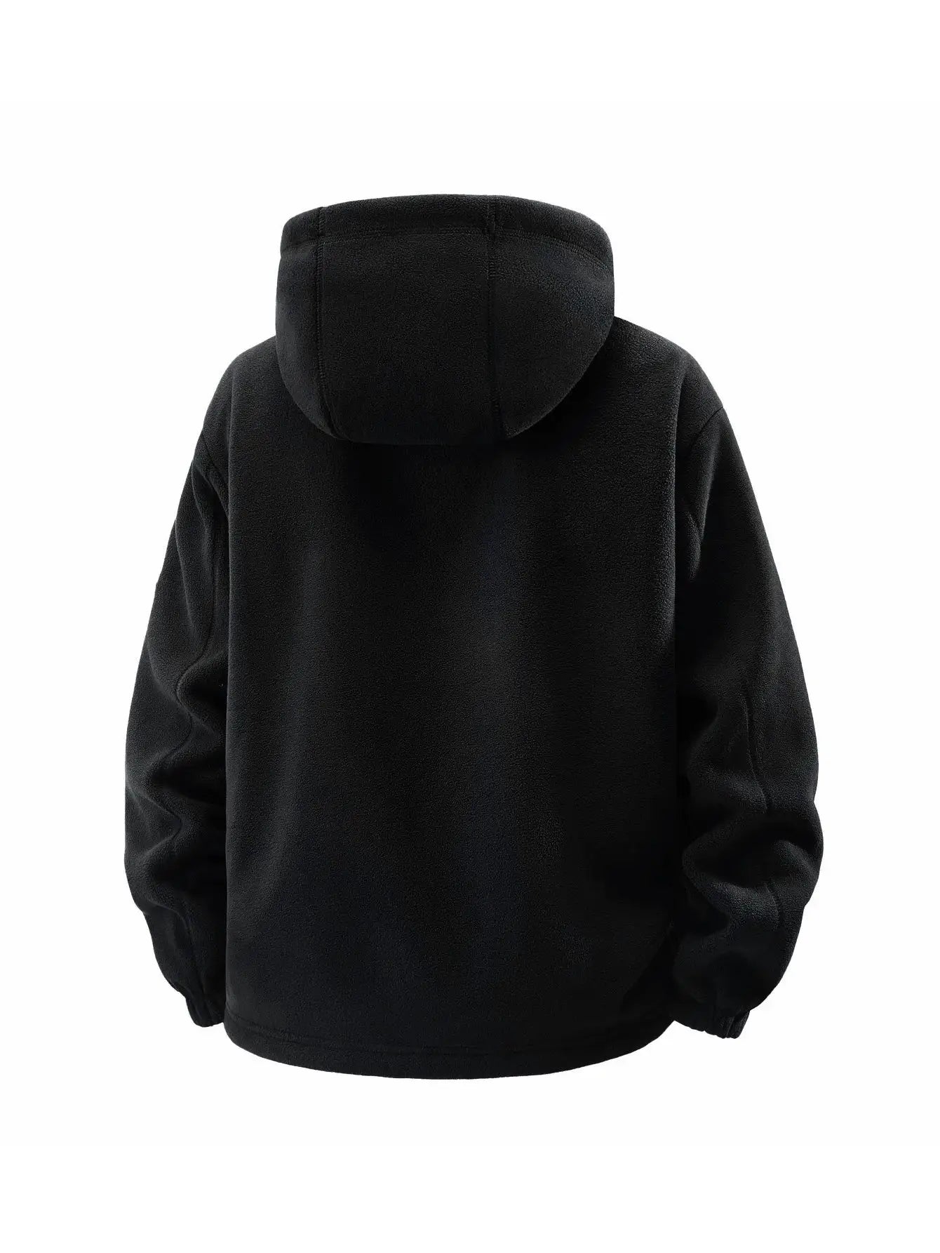 Men's black fleece hooded jacket with loose fit and elastic cuffs