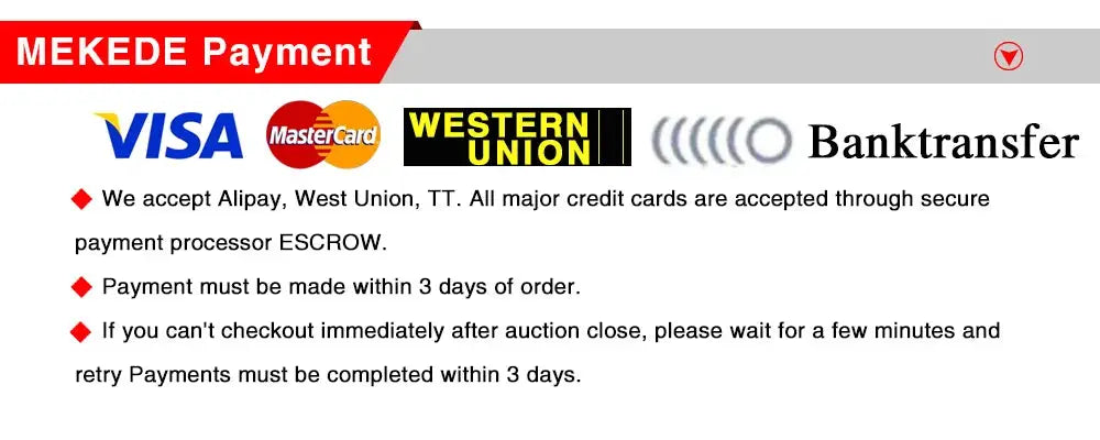MEKEDE Payment banner with Visa, MasterCard, Western Union and Bank Transfer logos and payment terms.