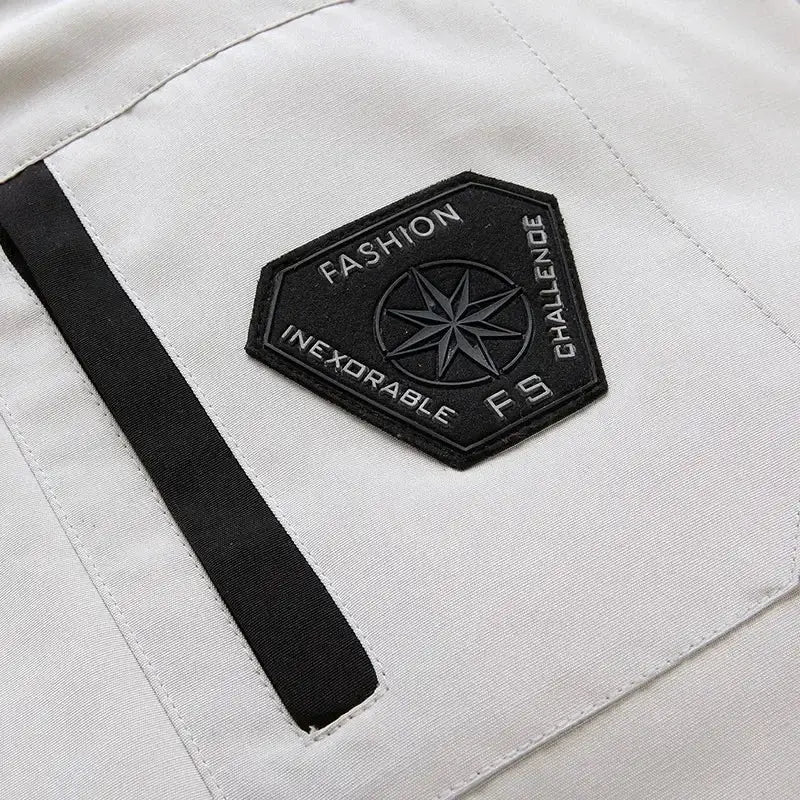 Men's white down jacket with black logo patch, thick puffer coat