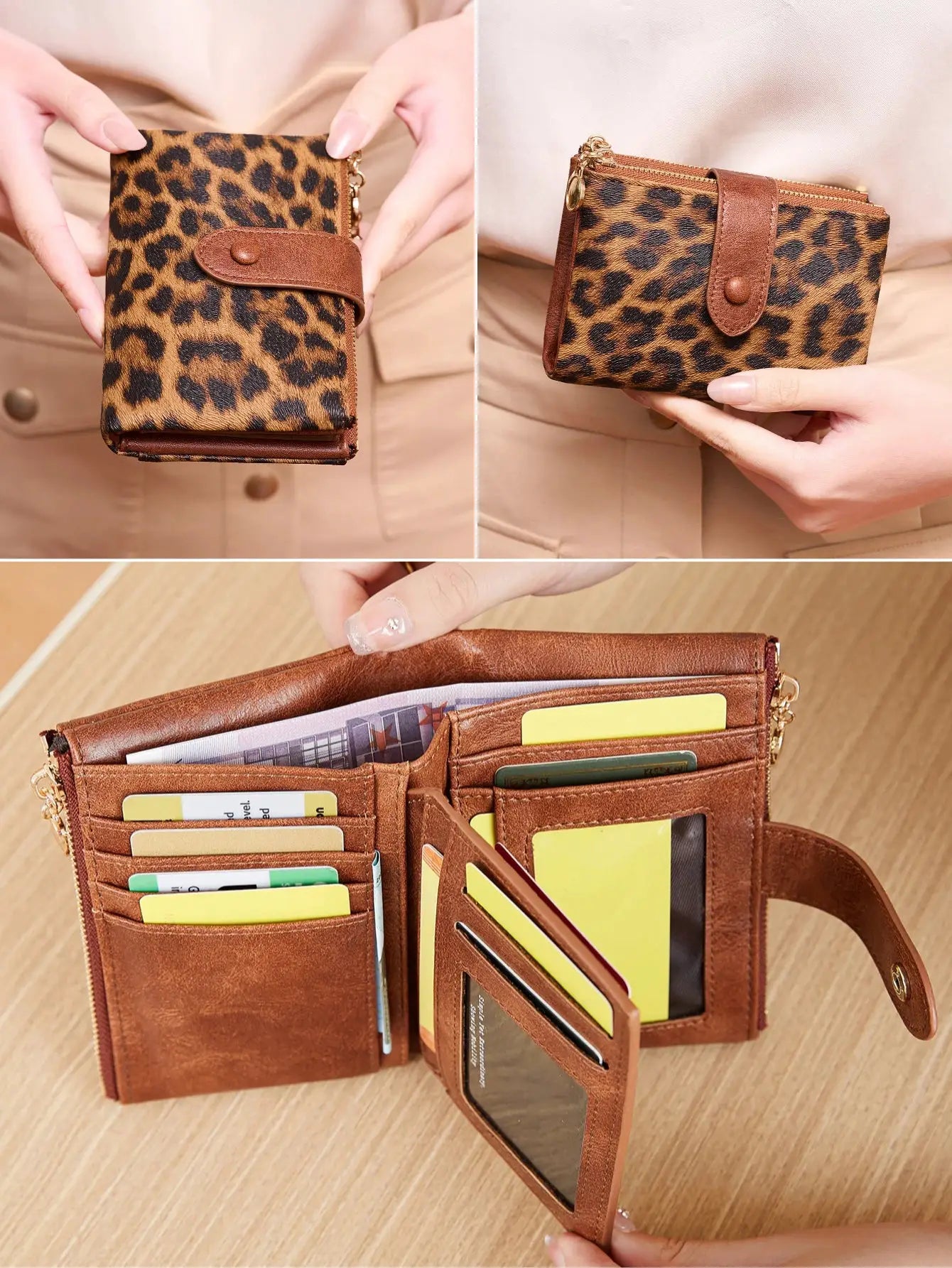 Leopard-print minimalist women's wallet with brown trim, three-layer design, card slots and double zipper