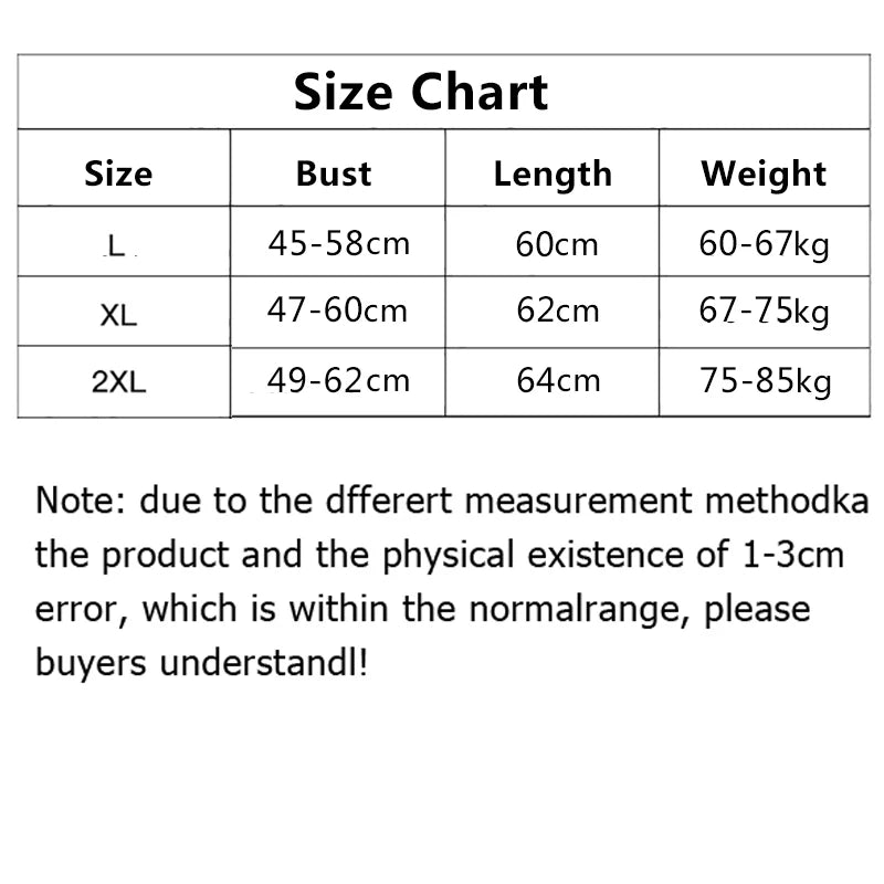 Size chart for men's compression vest showing L-2XL with bust, length, and weight ranges.