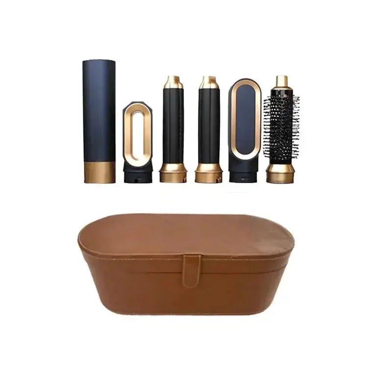 5-in-1 hair styling tool set by Simples Market with 6 black-and-gold attachments and brown case
