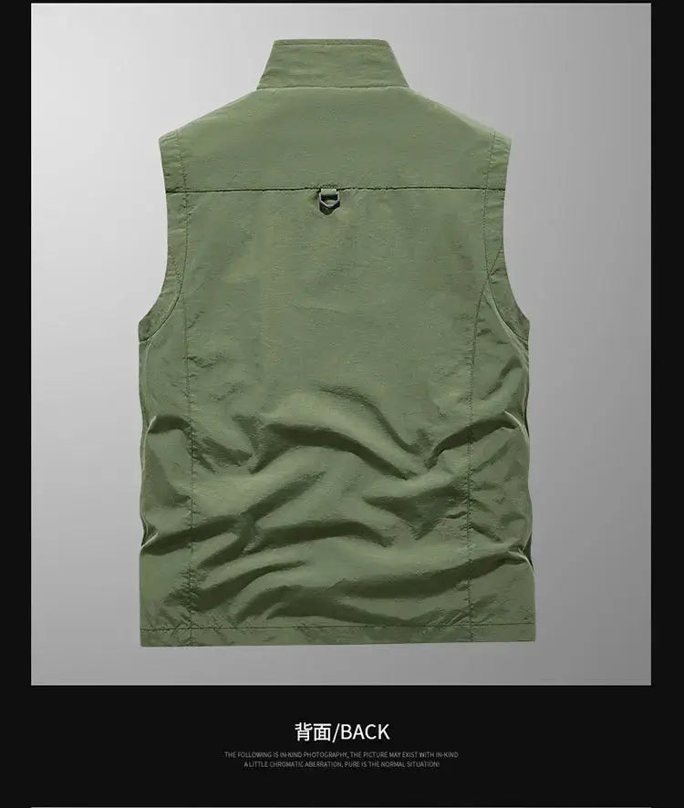 Men's olive green outdoor cargo vest back view; sleeveless waistcoat with back D-ring.