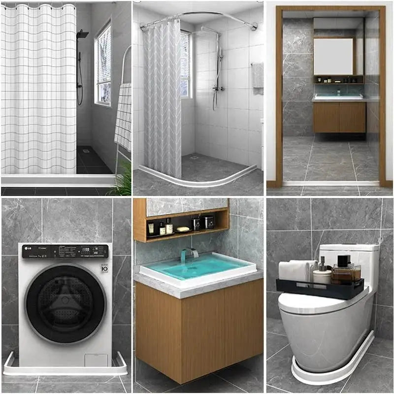 Bathroom silicone bendable water barrier strip by Simples Market; flexible shower divider for gray tiled bathrooms.