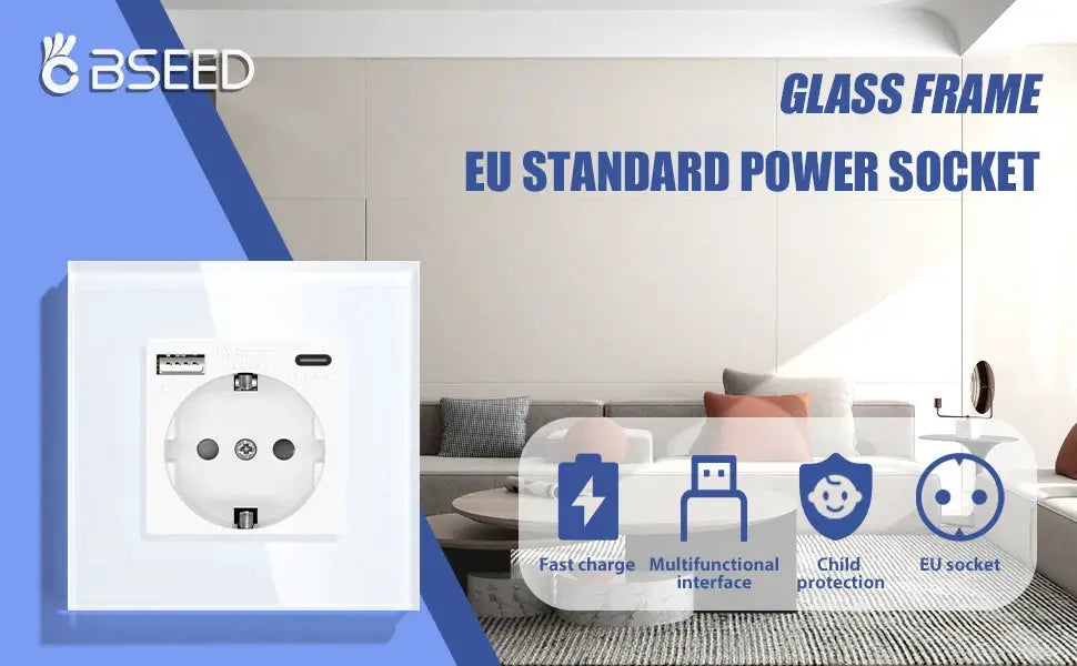 BSEED glass-frame EU standard wall power socket with USB-C port, fast charge, kids protection, 16A rating